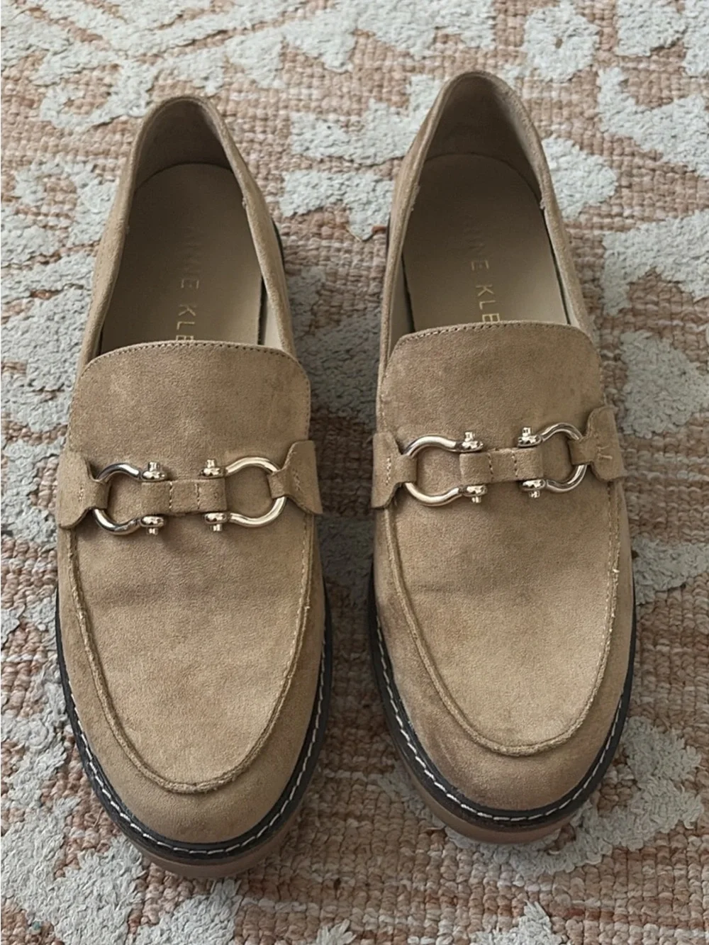 Anne Klein Tan Suede Loafers with Gold Hardware